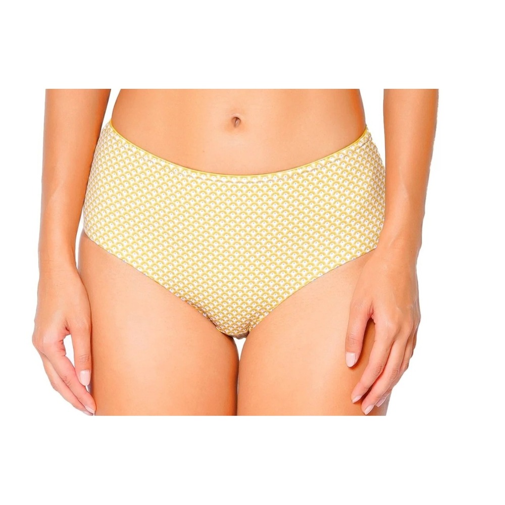 Huit Paris High Waisted Bikini Bottoms Yellow White‎ Fan Print Size Large NEW